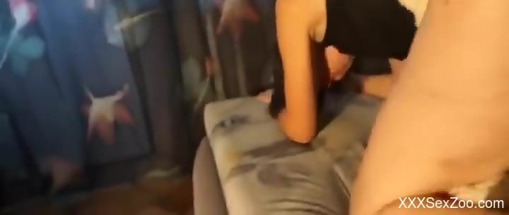 Aroused woman feels entire dog dick hammering her cunt