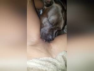 Dirty lips licking her dog