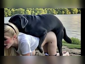 Black lab dominance, blonde pleasure riverbank