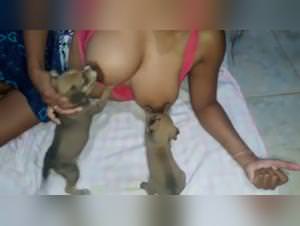 Slut feeds puppy milk addiction