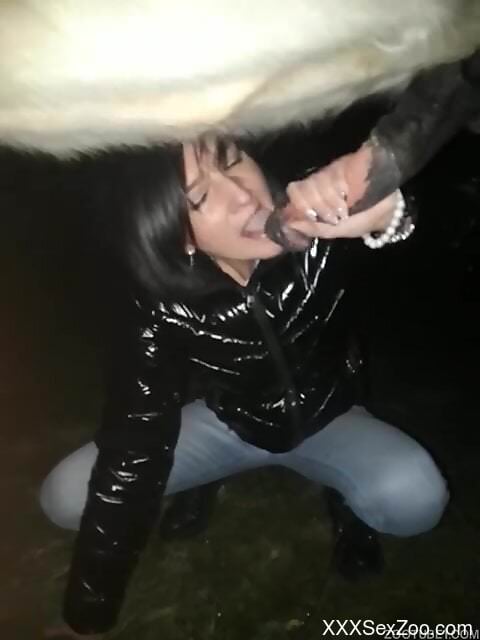 Brunette devours the horse's giant penis in unique modes