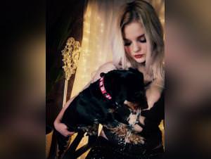 Busty blonde Alina, doggystyle with drooling dog