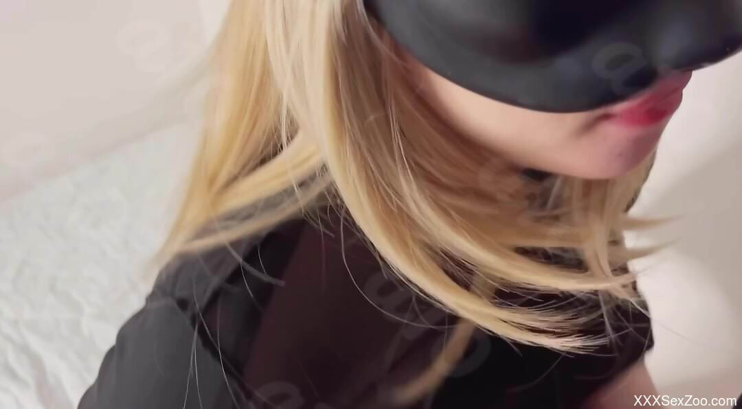 Masked woman blows boyfriend's cock and fucks with the dog