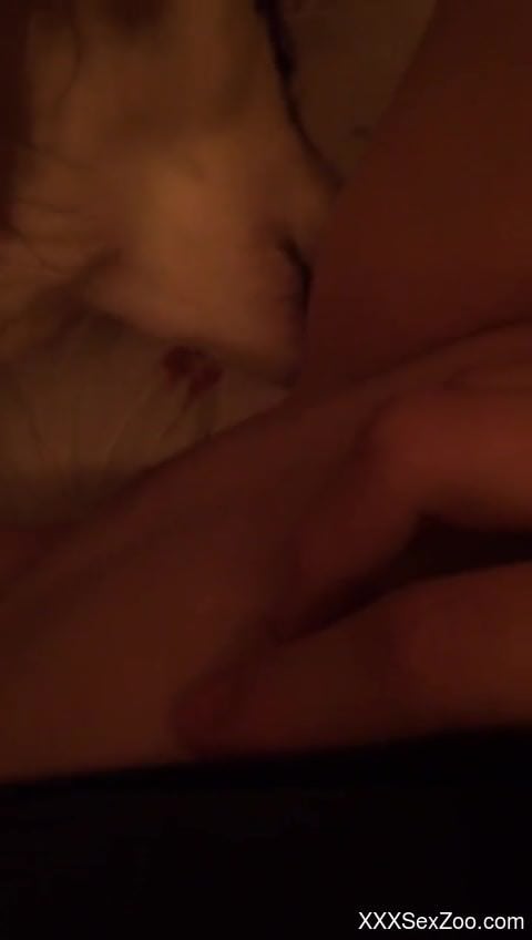 Nude woman finger fucks with the dog licking her clit and pussy