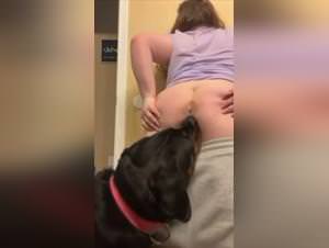 Dog licks woman's asshole in bathroom