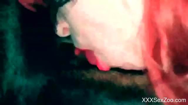 Redhead with a leaking twat getting tongued by a dog