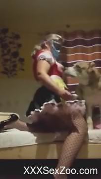 Fishnets-wearing mature whore seducing a sexy animal