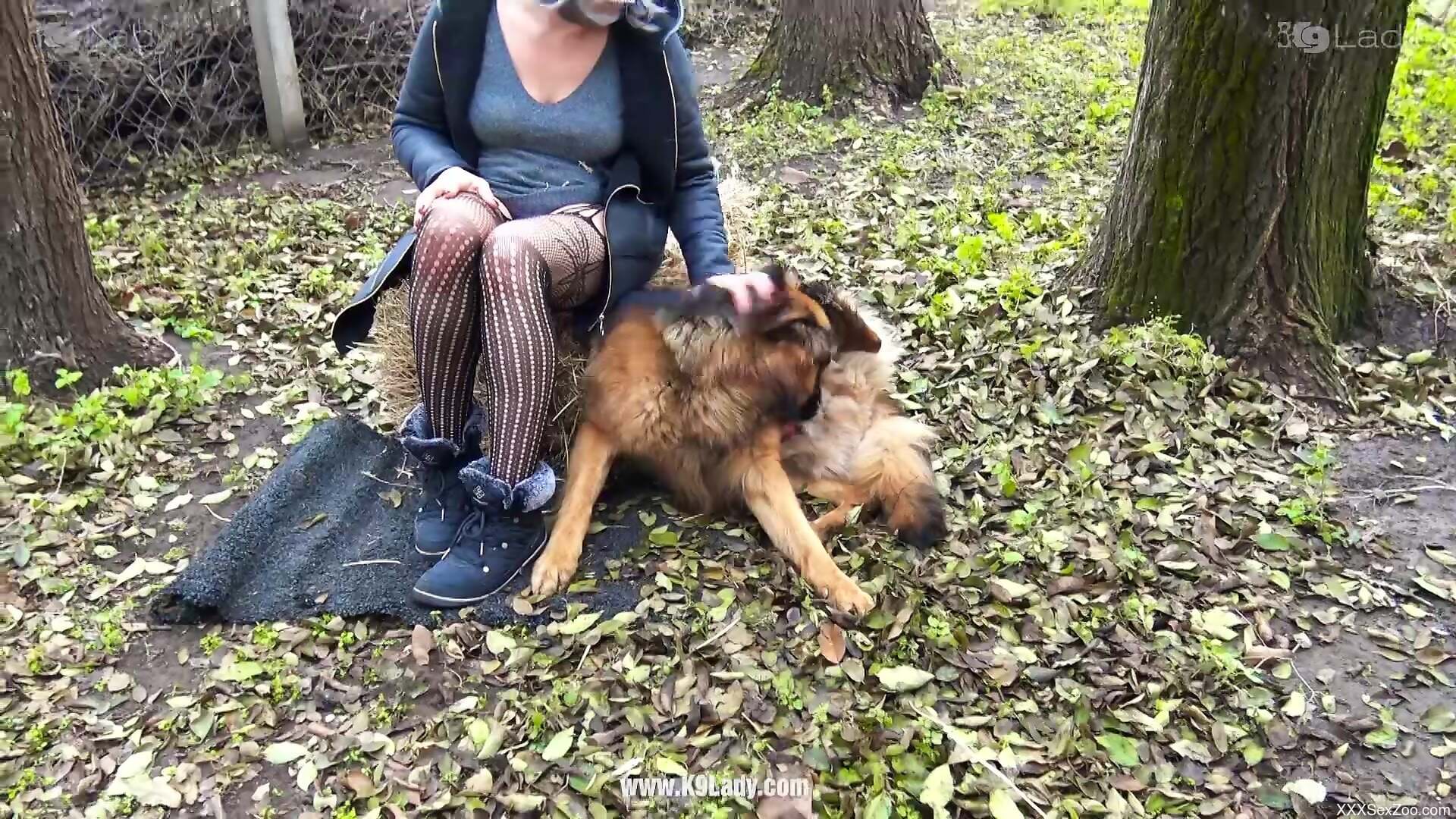 Chubby woman filmed putting the dog's dick in each of her holes