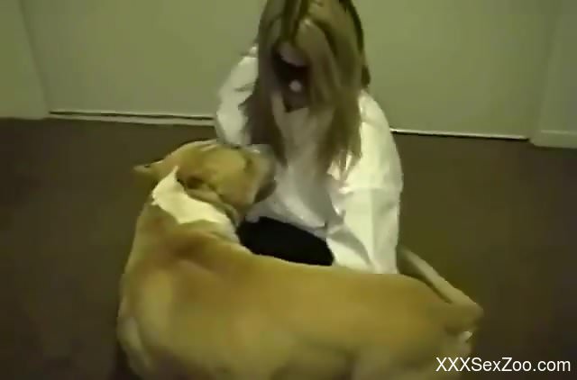 Blonde office babe tries hard sex with the dog while on cam