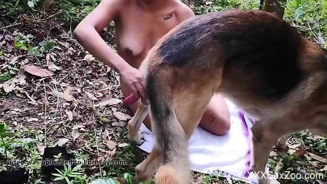 Nude woman fucks with the dog in full outdoor zoo glory