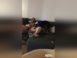 Buxom slut eats dog, hardcore