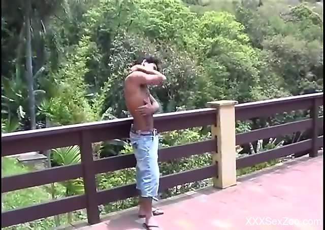 Gay lover suits his butt hole with a stiff dog cock