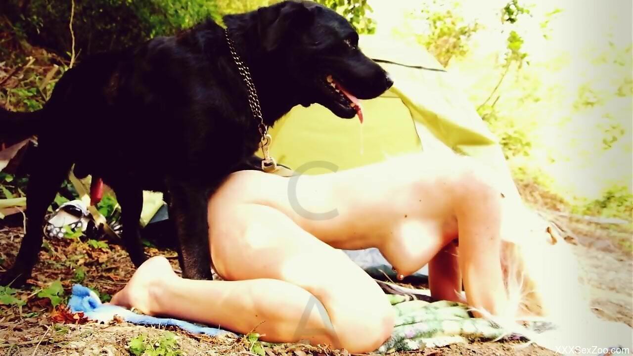 Naked female tries dog dick in her pierced pussy and ass