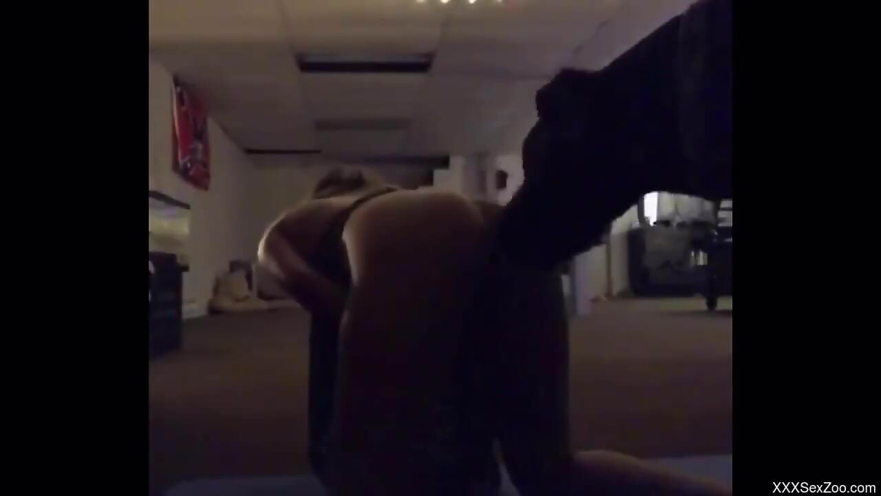 Nude woman filmed at home letting the dog lick her cunt