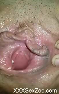 Nude woman loudly tries dog dick in her shaved cunt