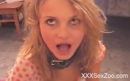 Dashing blonde female sticks entire dog dick right up the ass