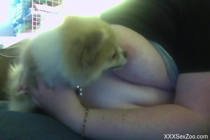 Insolent woman with huge naturals allows her dog access to the nipples