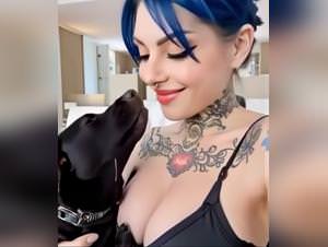 Goth kisses with dog, realistic riae