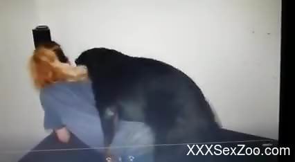 Dog fucks naked female through her jeans and comes in her