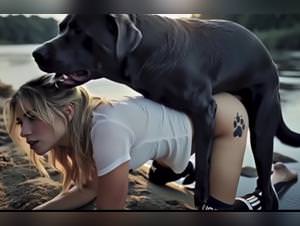 Blond bombshell, black lab sex on riverbank