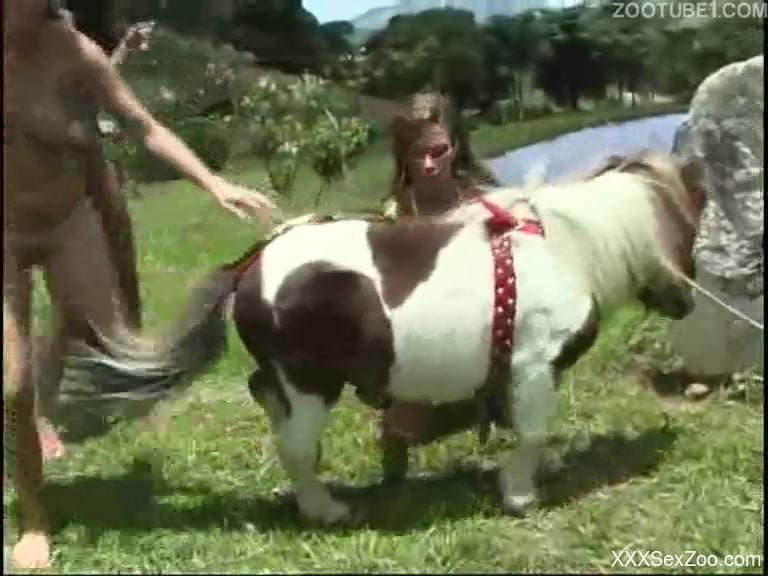 Outdoors fucking with a tiny horse or something