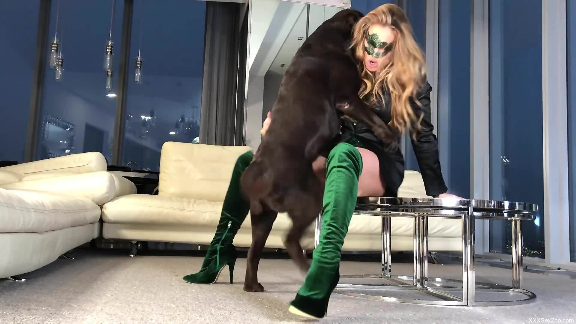 Blonde in green loves it when dogs fuck her HARD