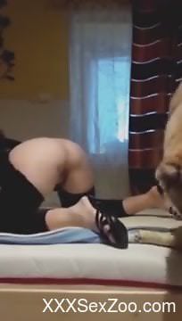 Mask-wearing hottie gets licked by her playful pooch
