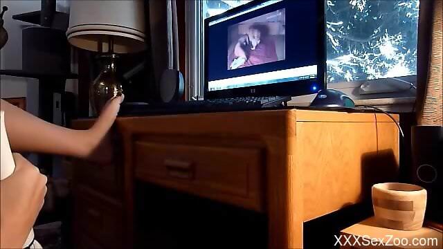 Home alone slut masturbates while watching zoophilia porn videos