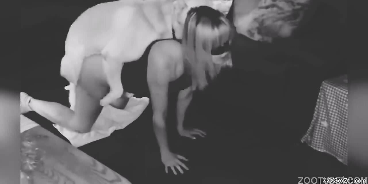 Dog fucks blonde woman in the ass and comes inside her