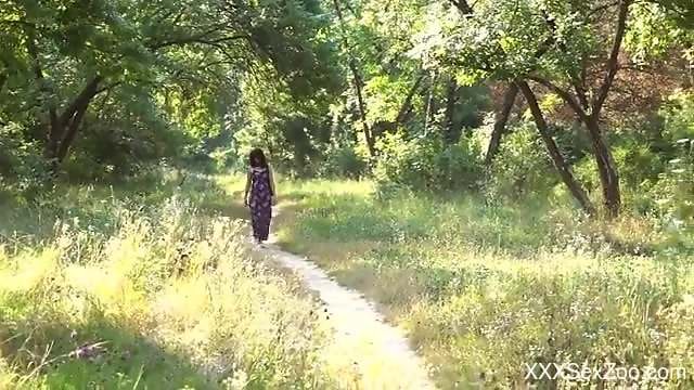 Dog rams Asian babe with nice tits, in outdoor scenes