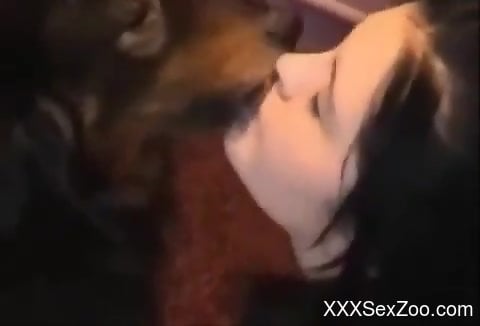 Brunette works the dog penis in a charming manner.