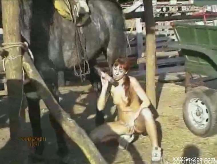 Very skinny hottie enjoys nasty horse bestiality at the farm