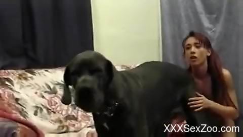 Skinny redhead sucking on a dog's big cock here