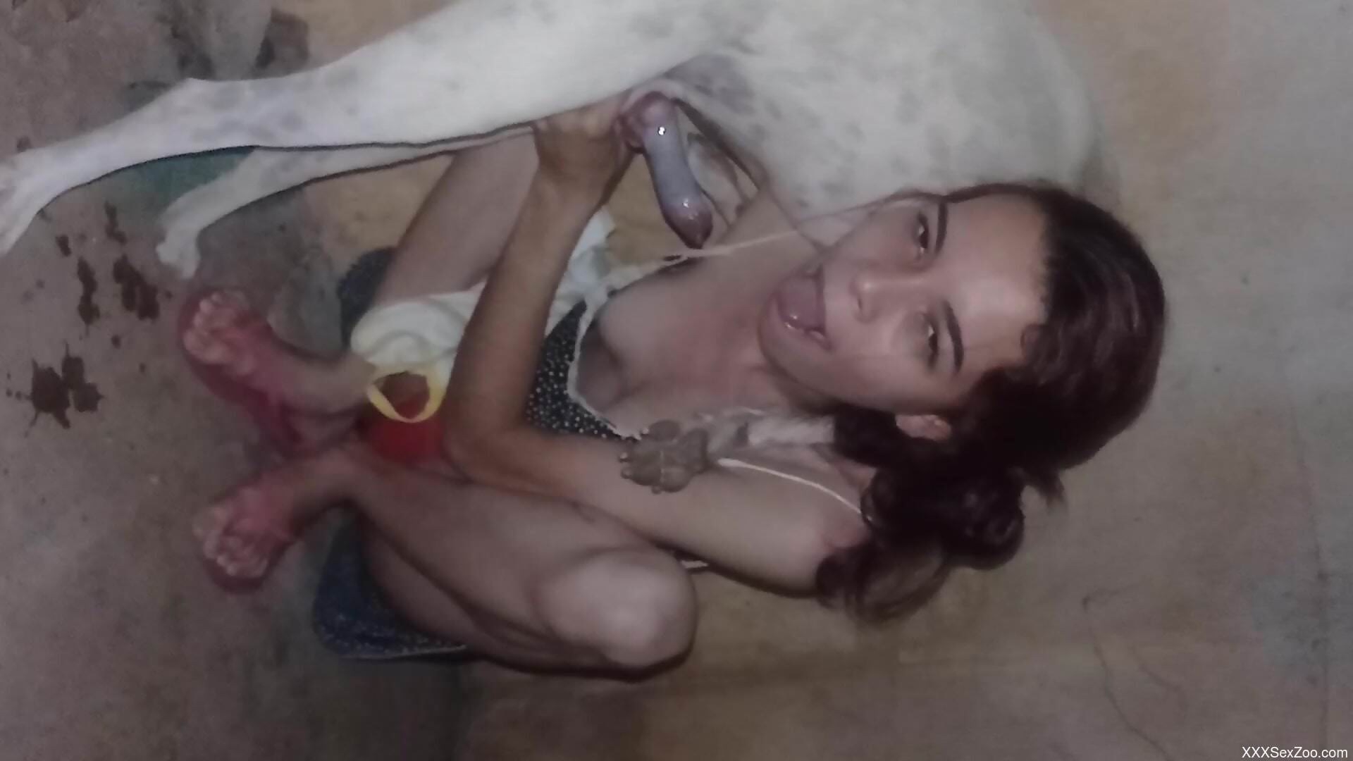 Redhead with skinny forms shows off blowing dog dick like a slut