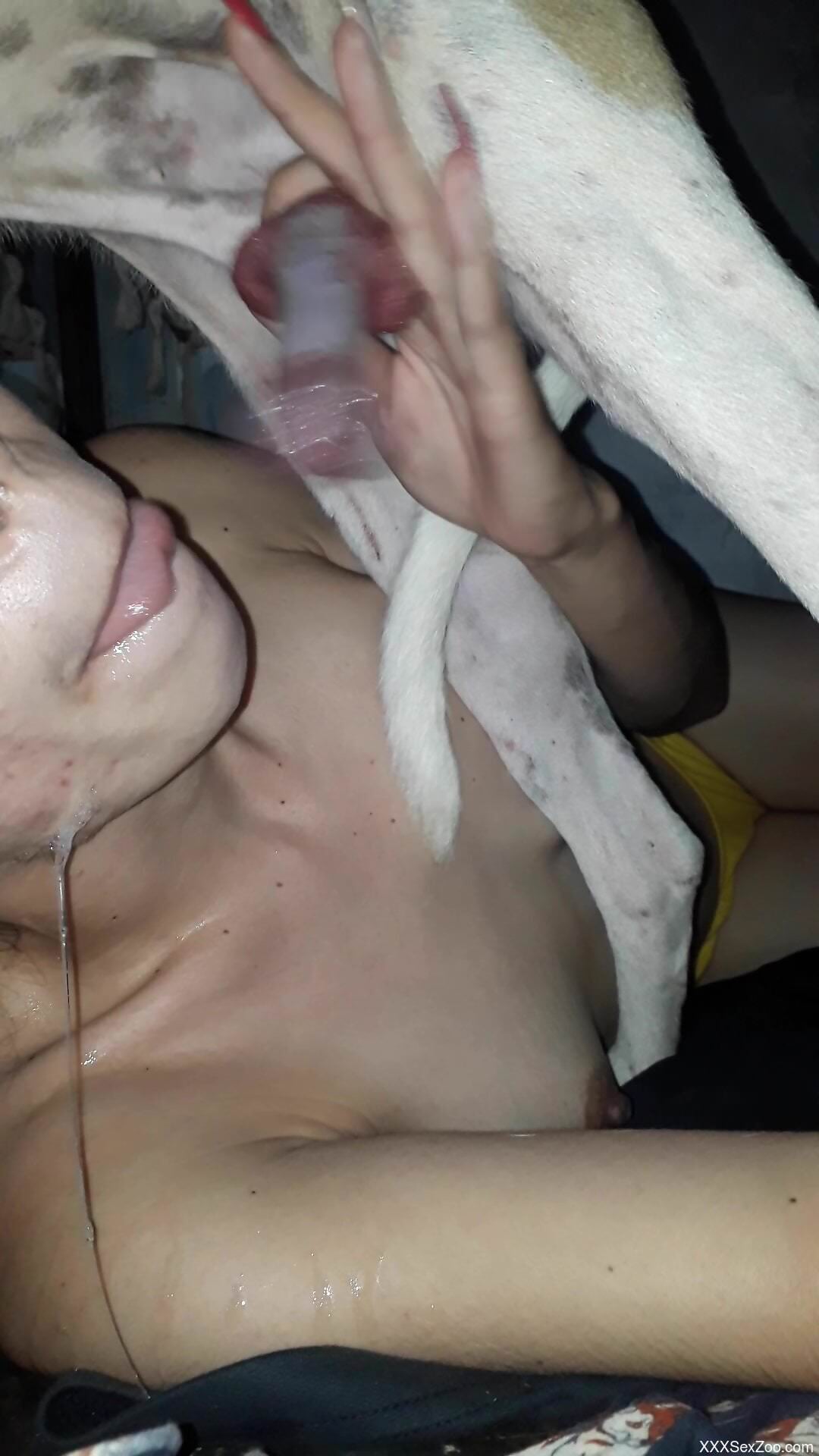 Aroused woman swallows the dog dick in excellent perversions